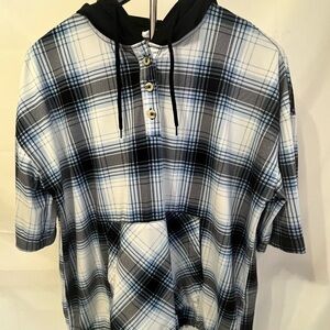 Warehouse One Plaid Hooded Pullover Shirt in Black, White & Light Blue